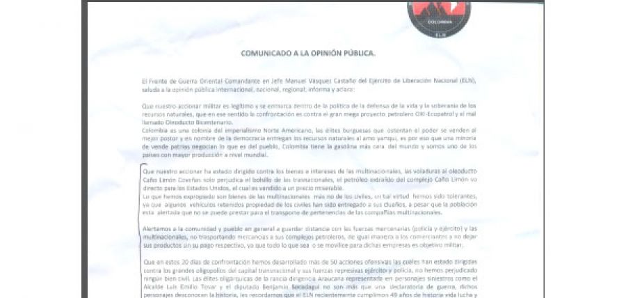 Panfleto del ELN intimida a periodistas en Arauca